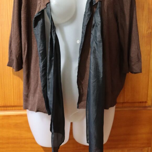 DKNY Brown & Black Silk Cardigan Bolero Wrap Sweater M/L Pussycat Bow Tie Front - Picture 6 of 12